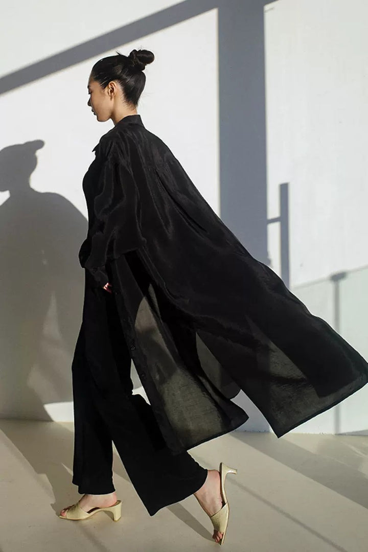 Damen Oversize Hemdblusen-Mantel mit Brusttasche, Seitenschlitz und fließender Leinenoptik – Maréline