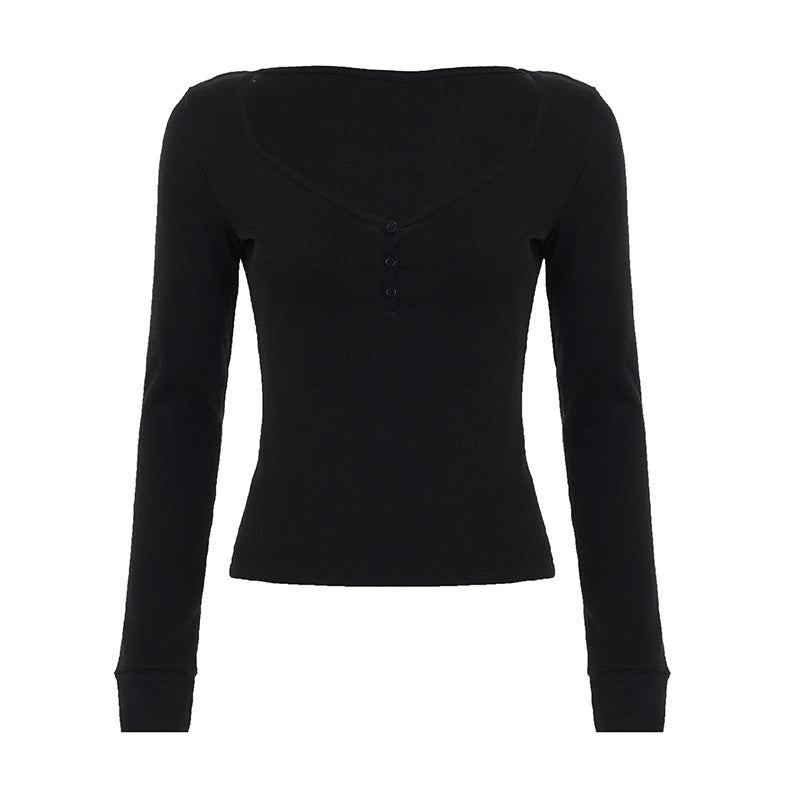 Damen nan figurbetontes geripptes Langarm-Henley-Top mit tiefem V-Ausschnitt und Knopfleiste Echo Archiv