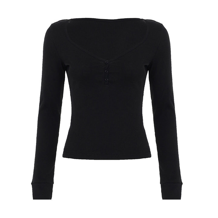 Damen nan figurbetontes geripptes Langarm-Henley-Top mit tiefem V-Ausschnitt und Knopfleiste Echo Archiv