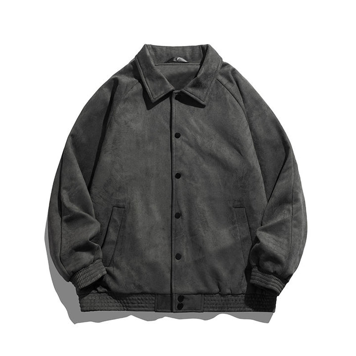 Unisex oversized suede-effect bomber jacket with ribbed hem and snap front – Brevano