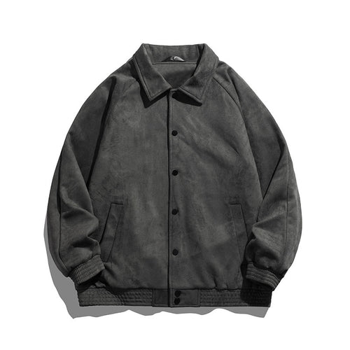Unisex oversized suede-effect bomber jacket with ribbed hem and snap front – Brevano