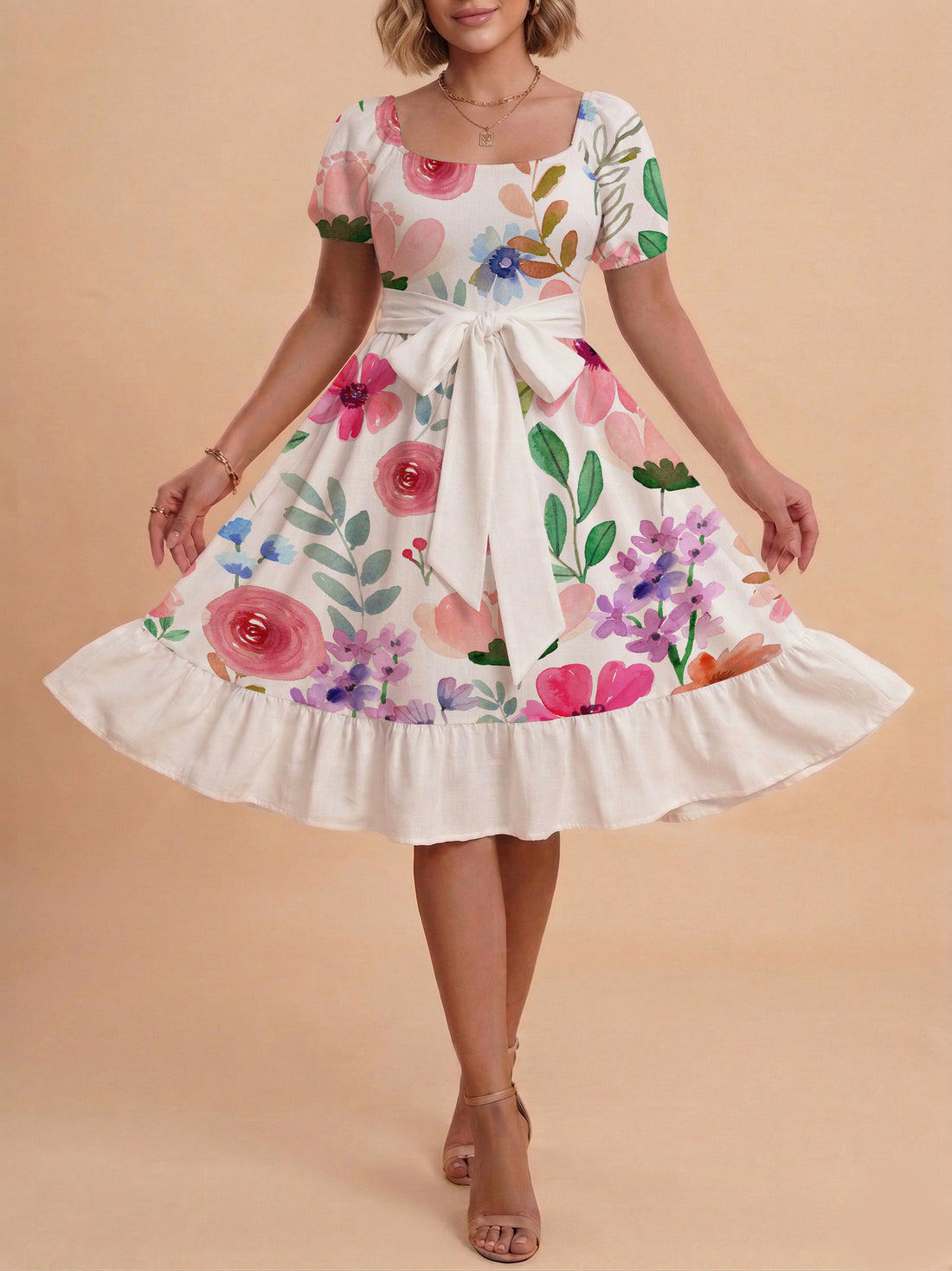 Damen elegantes Maxikleid mit floralem Design und Taillengürtel – Valéora