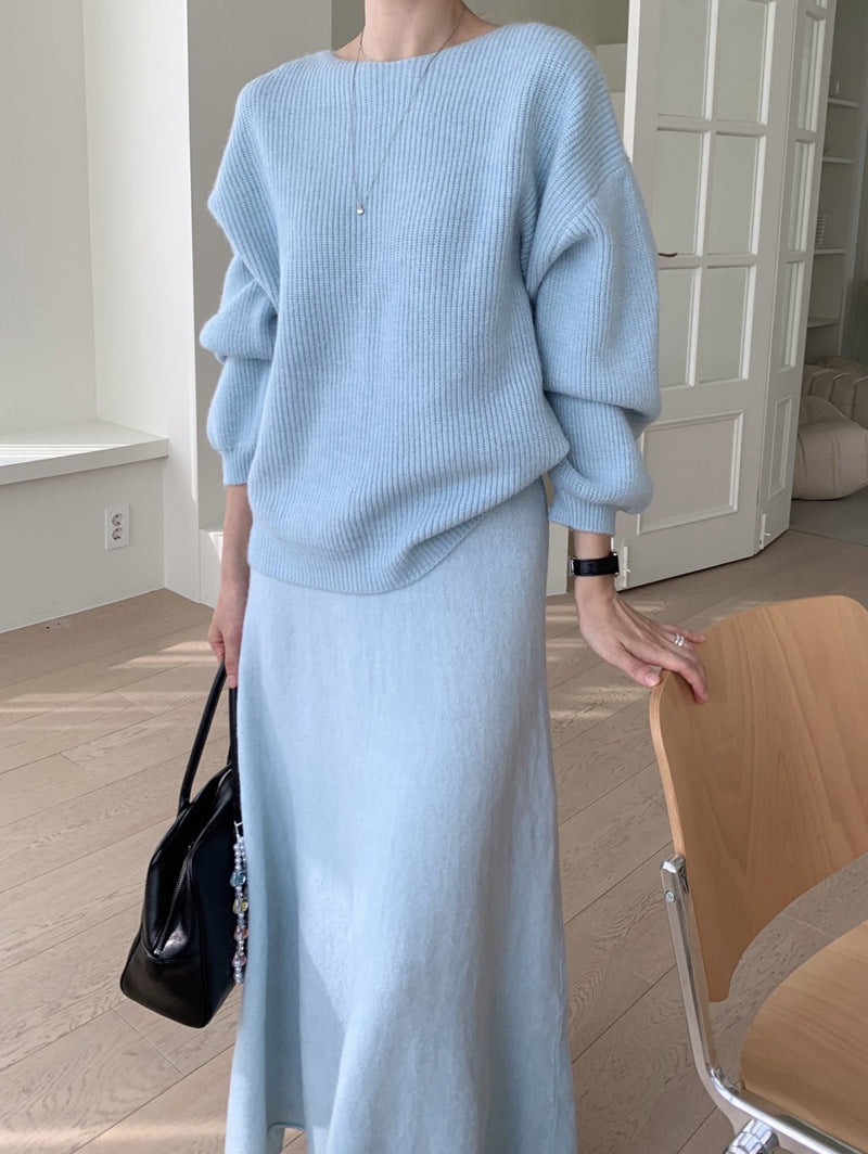 Damen Strick-Set aus Oversize-Ripp-Pullover und fließendem Maxirock Echoarchiv