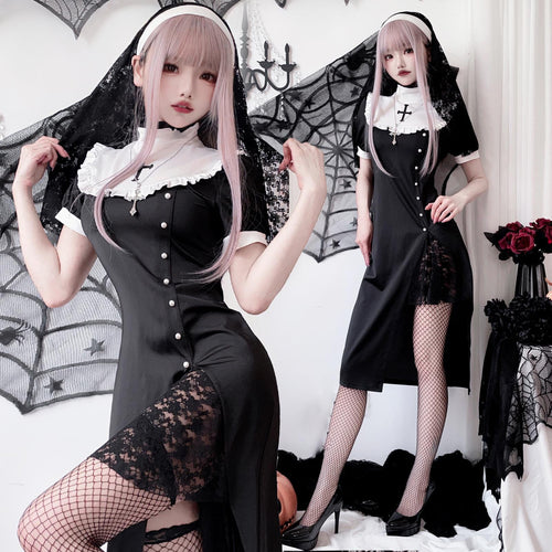 Damen Gothic Nonnenkostüm mit transparenten Spitzenärmeln und Kreuzdetails Echo Archiv