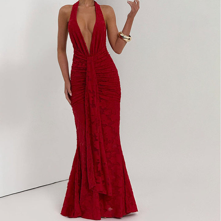 Damen Elegantes, figurbetontes Abendkleid mit tiefem V-Ausschnitt und Rüschendetails Echo Archiv