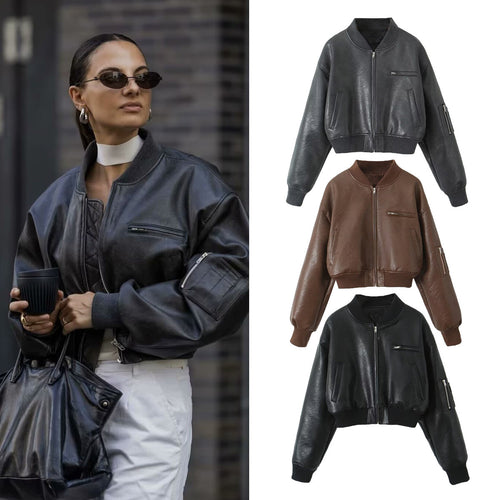 Damen Cropped-Bomberjacke in Vintage-Lederoptik mit Ärmeltasche und breitem Rippbündchen Echo Archiv