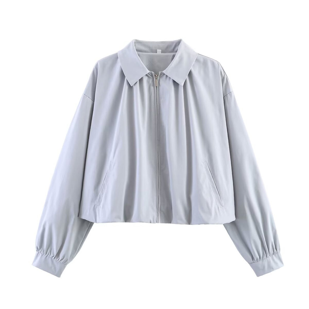 Damen Leichte Cropped Blouson-Jacke mit Hemdkragen, Reißverschluss und Gummizugsaum Echo Archiv