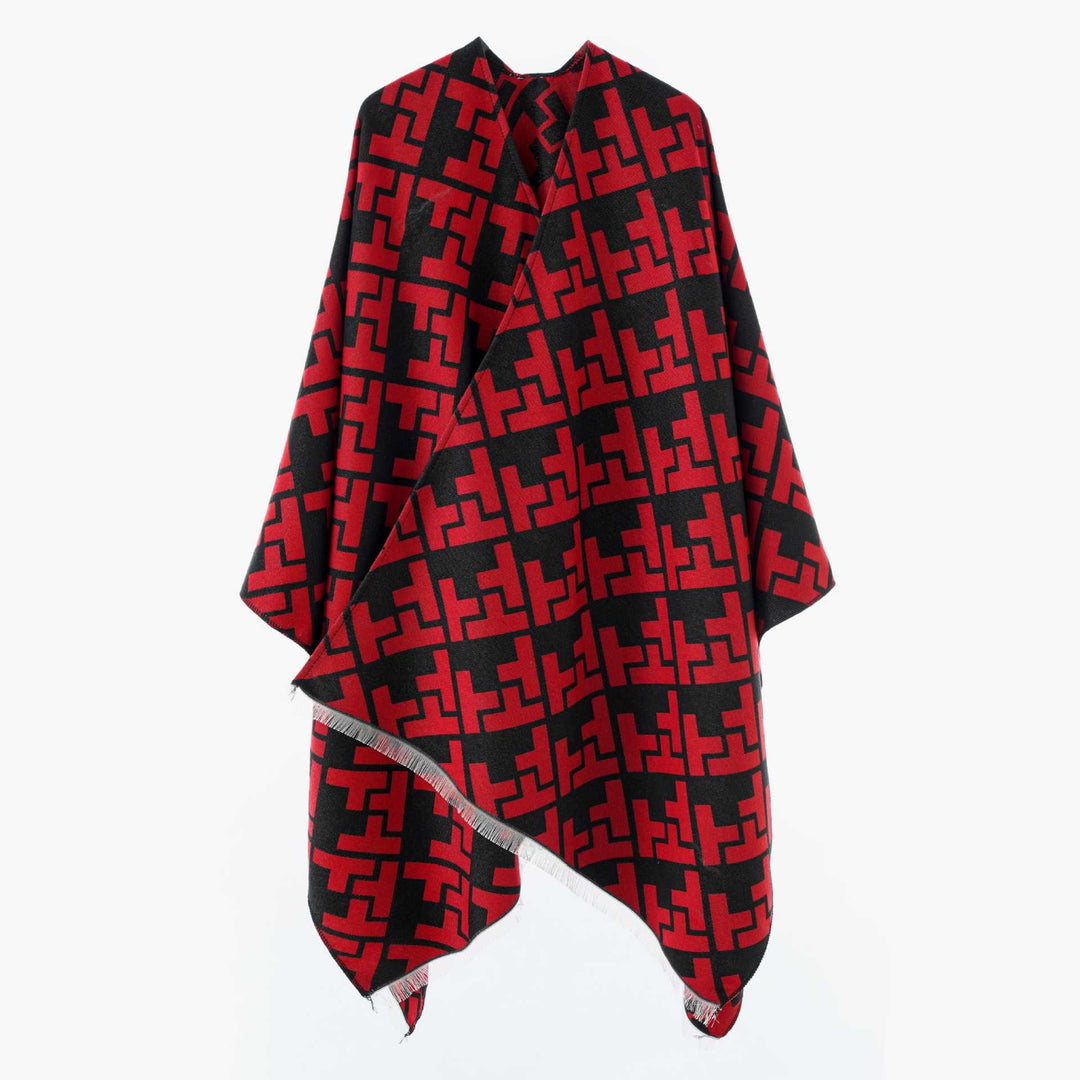 Damen Oversize-Cape mit geometrischem Jacquard und Fransensaum – Avérine