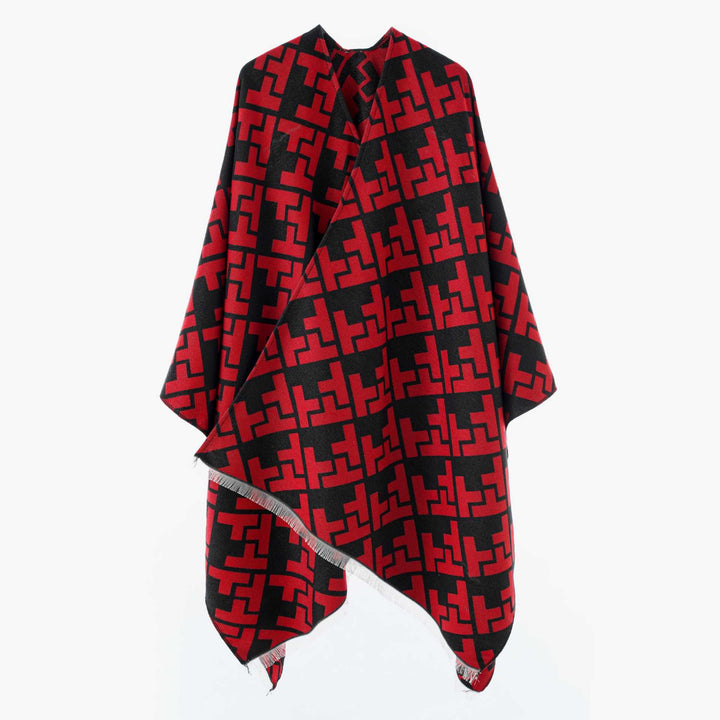 Damen Oversize Jacquard-Capeponcho aus Wollmix mit geometrischem Muster und Fransen Echo Archiv