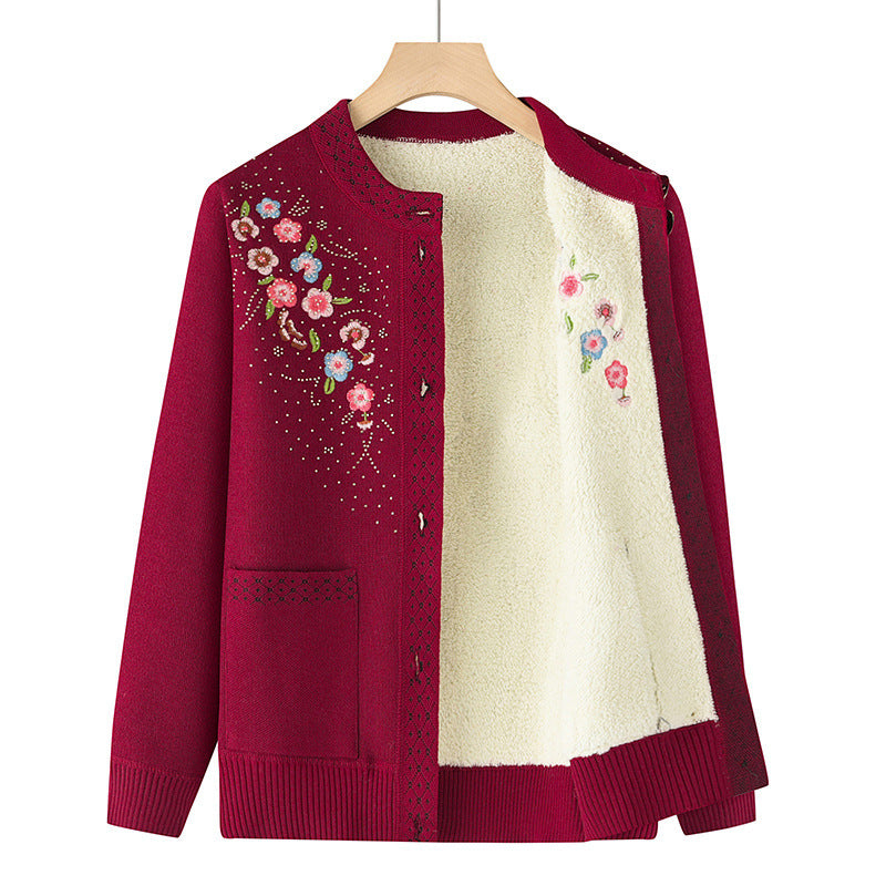 Damen bestickte Strickjacke mit Rundhals, aufgesetzten Taschen und dekorativer Knopfleiste – Veloura