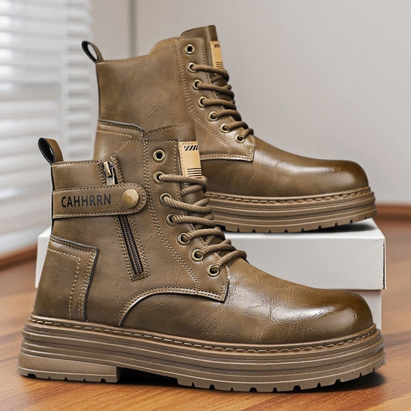 Herren robuste Lederoptik Combat-Boots mit seitlichem Reißverschluss und gepolsterter Plateausohle – Tavélo