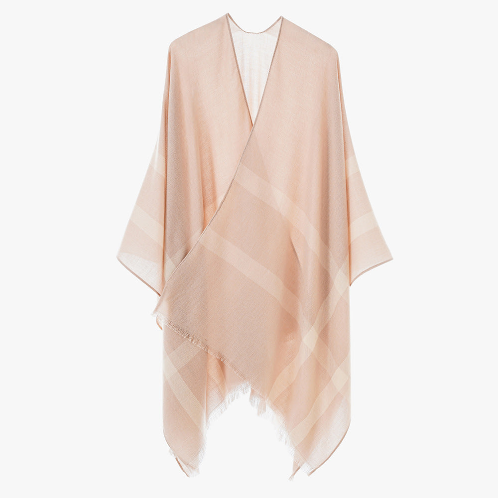 Damen leichter Feinstrick-Cape mit diagonalen Kontraststreifen und Fransen Echo Archiv