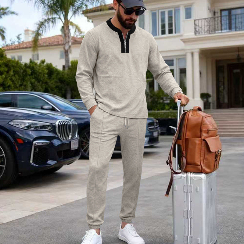 Herren Leichtes Henley-Loungewear-Set mit Kontrastkragen, Tunnelzug-Jogger und elastischen Bündchen – Marzano