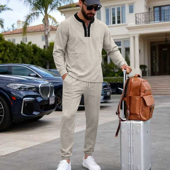 Herren Leichtes Henley-Loungewear-Set mit Kontrastkragen, Tunnelzug-Jogger und elastischen Bündchen – Marzano