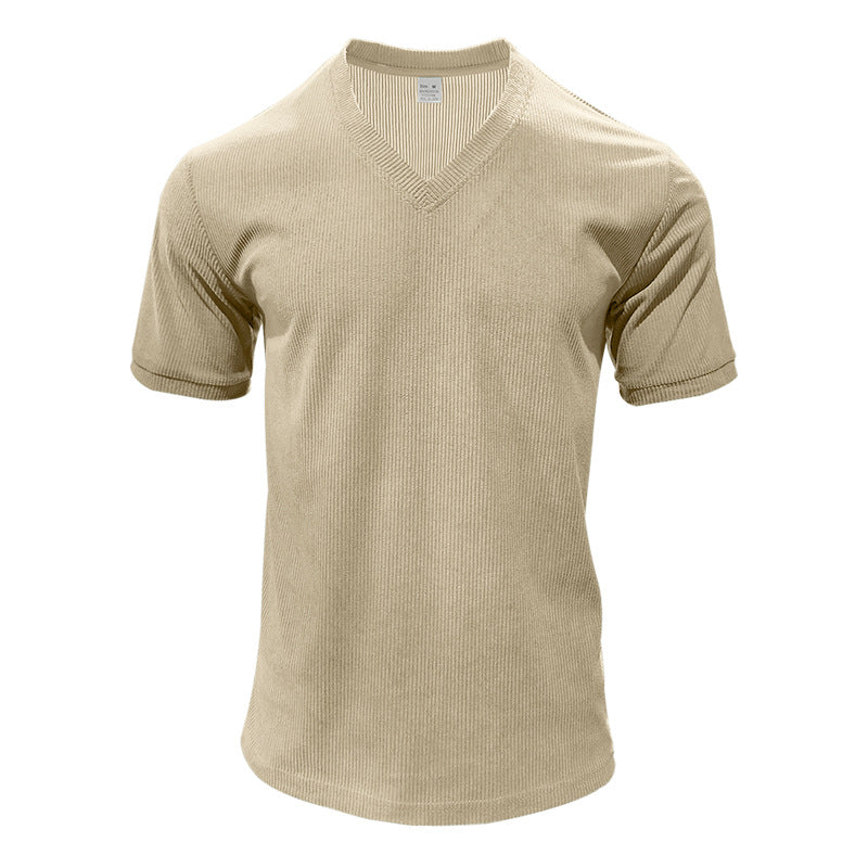 Herren nan strukturiertes V-Ausschnitt-Rippjersey-Shirt mit kurzem Arm und körpernaher Passform Echo Archiv