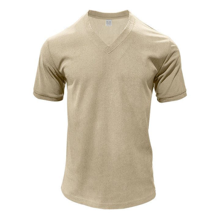 Herren nan strukturiertes V-Ausschnitt-Rippjersey-Shirt mit kurzem Arm und körpernaher Passform Echo Archiv