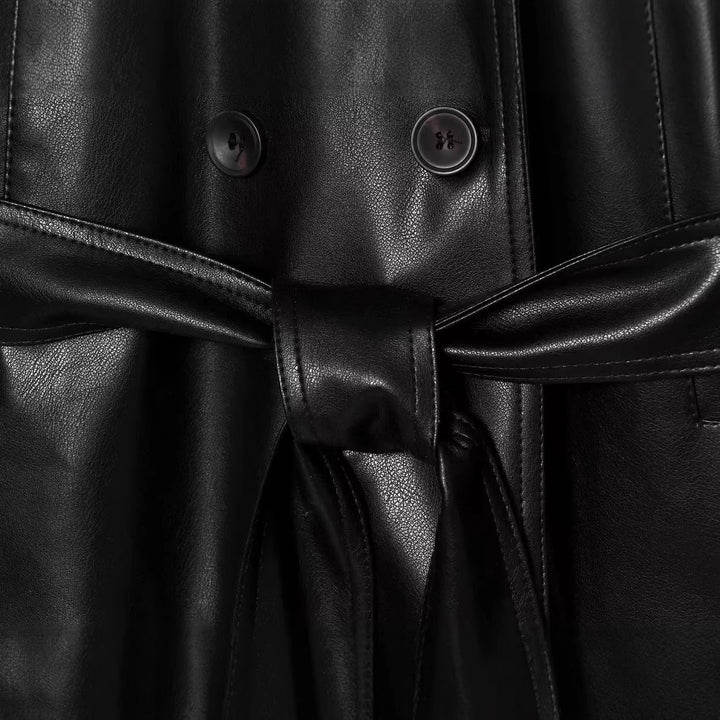 Damen Cropped Kunstleder‑Trenchjacke im Boxy‑Schnitt mit übergroßem Schalkragen und Bindegürtel Echoarchiv