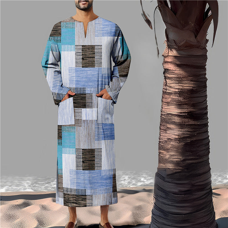 Herren Baumwoll-Kaftan mit modernem geometrischem Muster und praktischen Taschen Echoarchiv