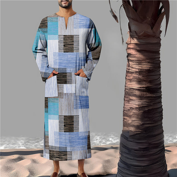 Herren Baumwoll-Kaftan mit modernem geometrischem Muster und praktischen Taschen Echoarchiv