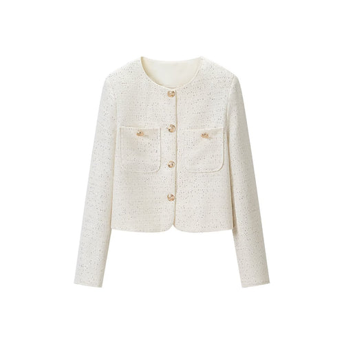 Damen Kurzgeschnittene Tweedjacke im Bouclé-Look mit Rundhalsausschnitt, Zierknöpfen und aufgesetzten Pattentaschen Echoarchiv