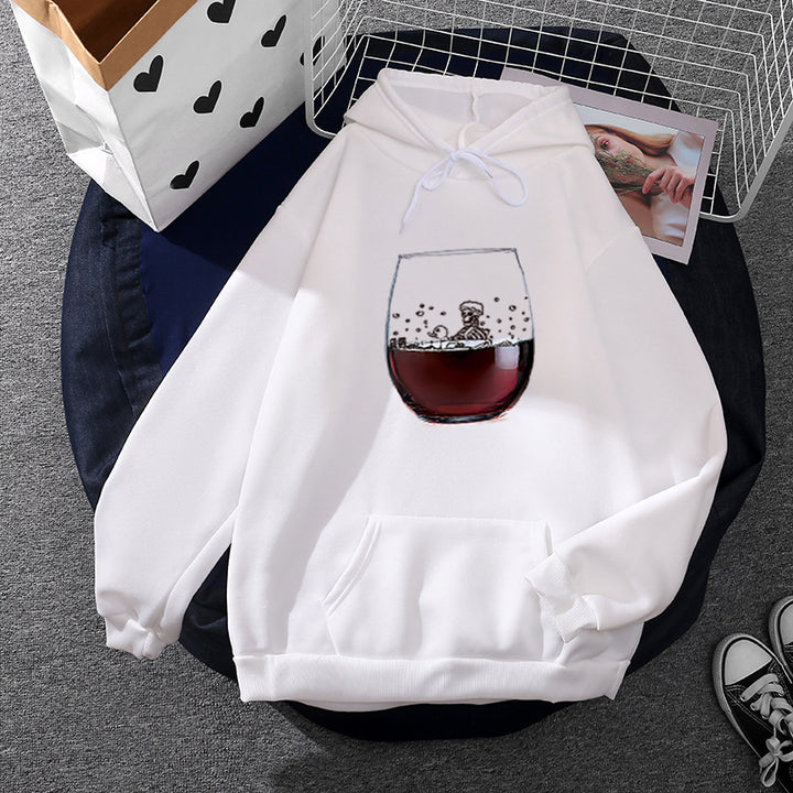 Damen lässiger Kapuzenhoodie mit fotorealistischer Weinglas‑Grafik, Kängurutasche und weichem Fleece – Auréline