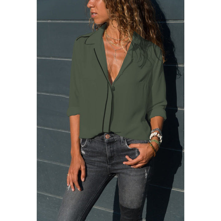 Damen Elegante Bluse mit Kontrastpaspel, V‑Ausschnitt und krempelbaren Ärmeln – Élovi