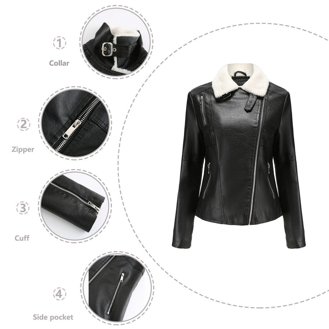 Damen nan taillierte Kunstleder-Bikerjacke mit abnehmbarem Kunstfellkragen und schrägem Reißverschluss Echo Archiv
