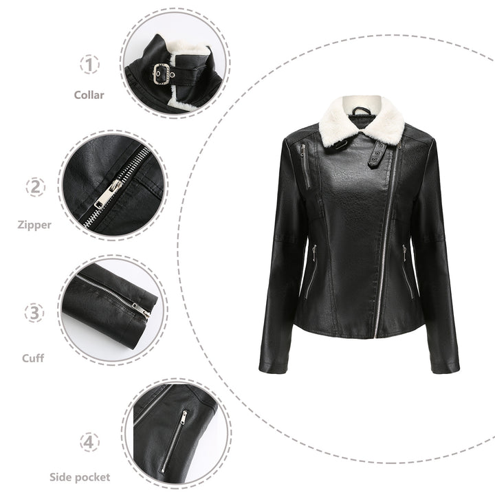 Damen nan taillierte Kunstleder-Bikerjacke mit abnehmbarem Kunstfellkragen und schrägem Reißverschluss Echo Archiv