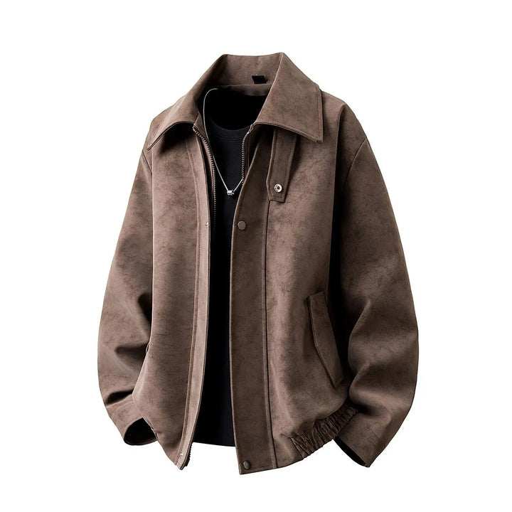 Herren Boxy-Übergangsjacke mit Velours‑Optik, verdecktem Reißverschluss & variablem Kragen Echoarchiv