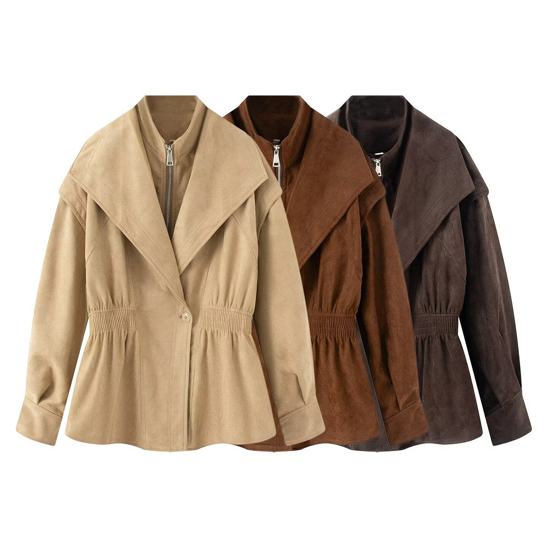Damen Taillierte Jacke in Wildlederoptik mit großem Schalkragen, Reißverschluss und geraffter Taille Echo Archiv