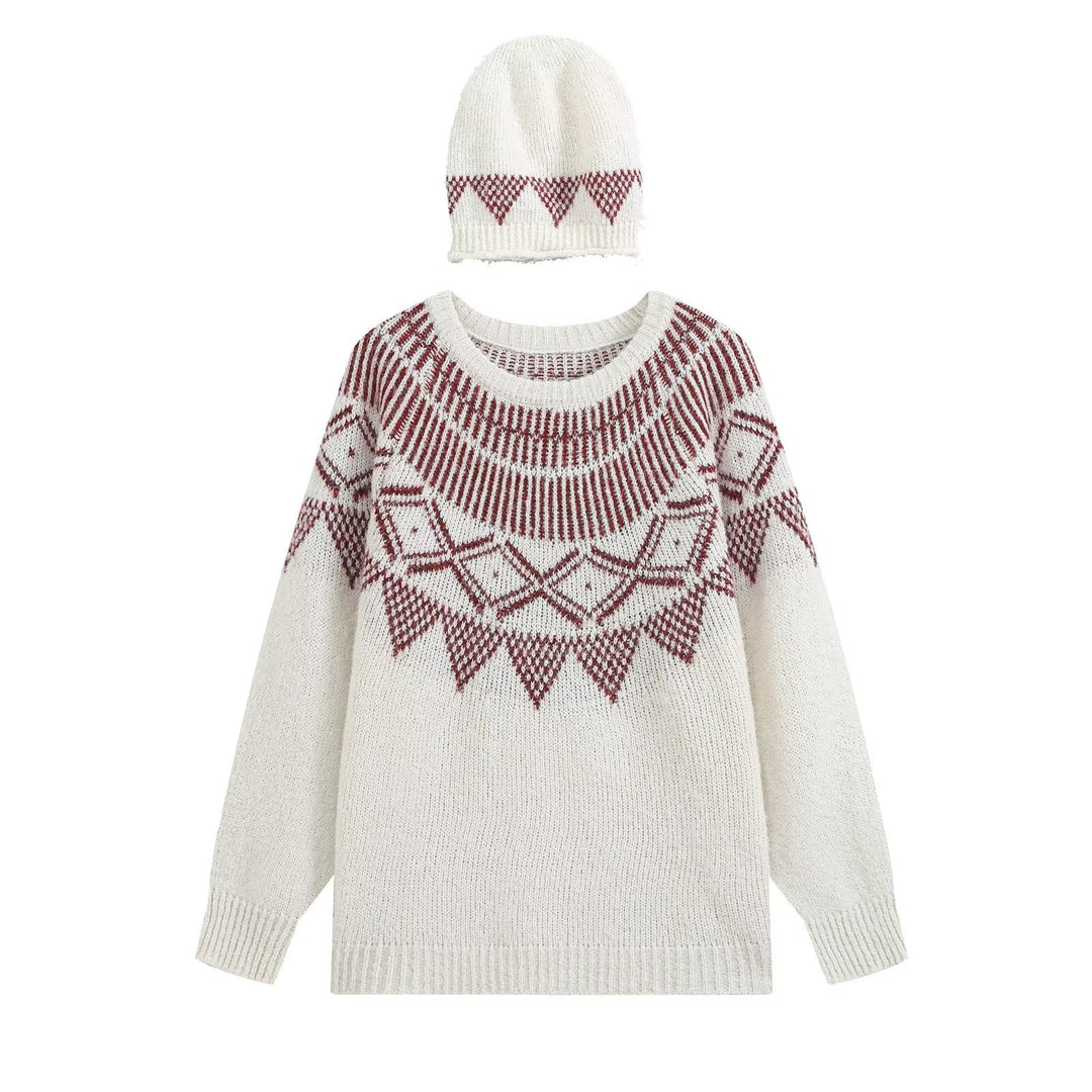 Damen Oversized Norweger-Strickpullover mit Rundhalsausschnitt und passender Mütze Echo Archiv