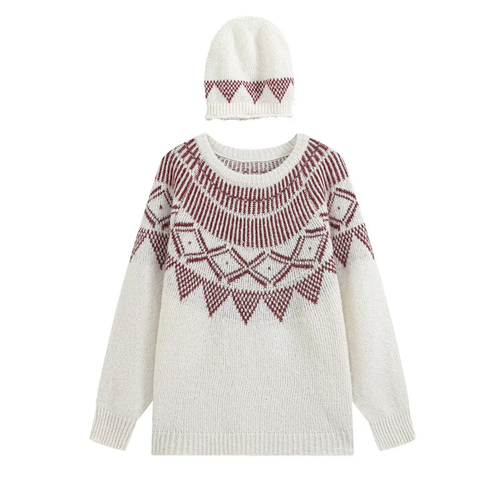 Damen Oversized Norweger-Strickpullover mit Rundhalsausschnitt und passender Mütze Echo Archiv