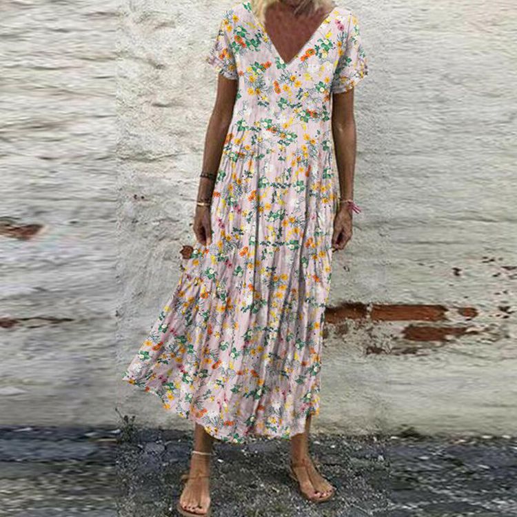 Damen nan V-Ausschnitt-Maxikleid mit feinem Faltenrock, Empire-Passe und Kurzarm Echo Archiv