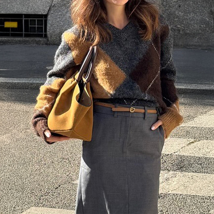 Damen oversized Argyle-Strickpullover mit kastigem Schnitt und geripptem Rundhalsausschnitt – Mavelle