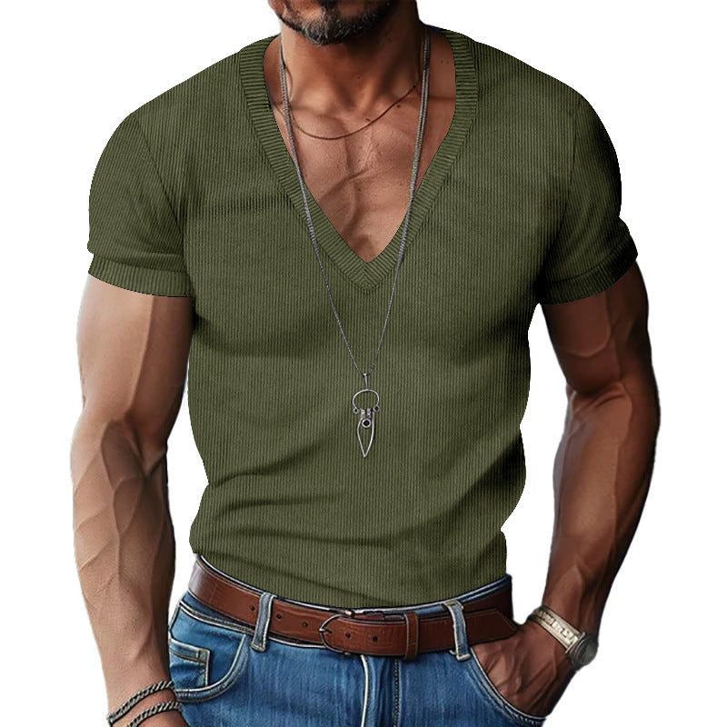 Herren nan strukturiertes V-Ausschnitt-Rippjersey-Shirt mit kurzem Arm und körpernaher Passform Echo Archiv