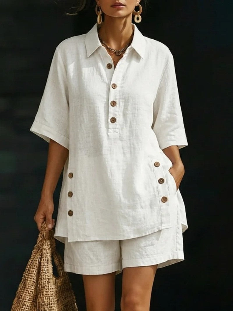 Damen nan luftiges Leinenoptik-Zweiteiler mit Oversize-Hemdbluse, Knopfleiste und Bermuda-Shorts Echo Archiv
