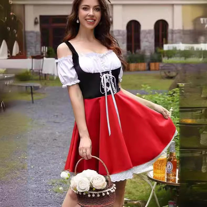 Damen nan schulterfreies Dirndlkleid mit geschnürter Korsage, Puffärmeln und Spitzenunterrock Echo Archiv