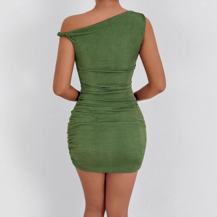 Damen gerafftes Minikleid mit asymmetrischem Ausschnitt und figurbetontem Schnitt Echo Archiv