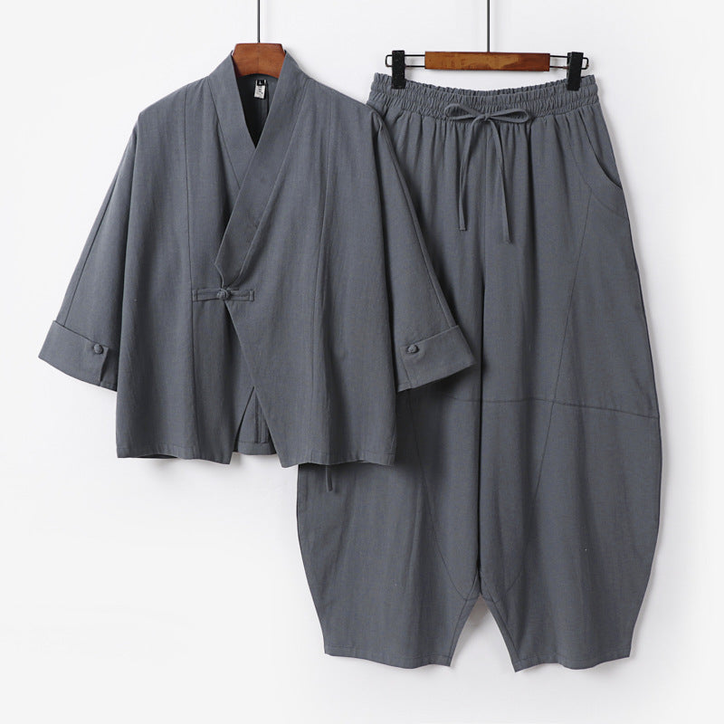 Herren Minimalistisches Kimono-Lounge-Set aus atmungsaktivem Baumwollmix mit ballonförmiger Bundhose Echoarchiv