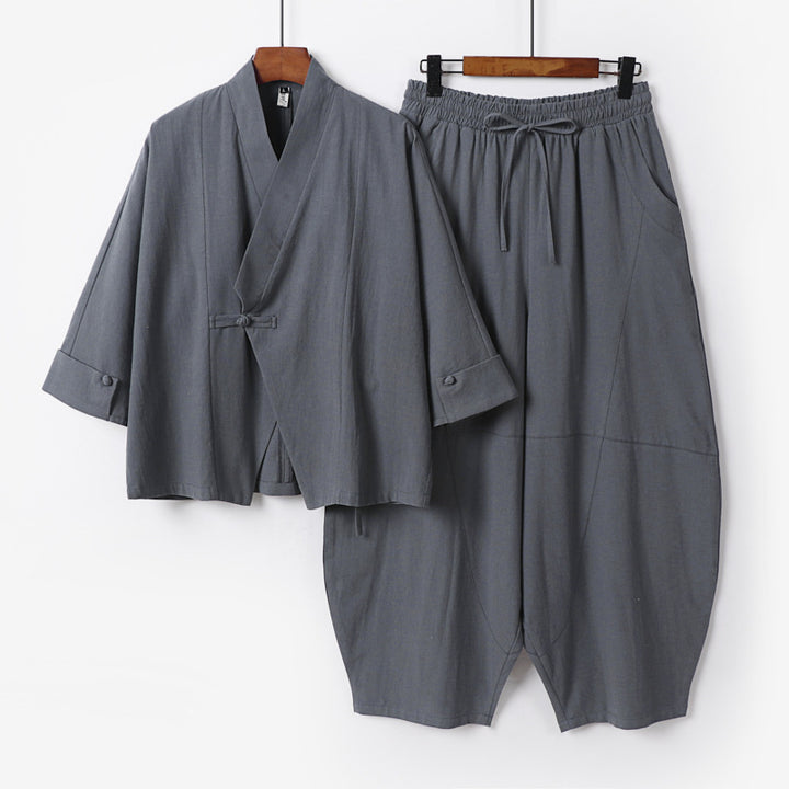 Herren Minimalistisches Kimono-Lounge-Set aus atmungsaktivem Baumwollmix mit ballonförmiger Bundhose Echoarchiv