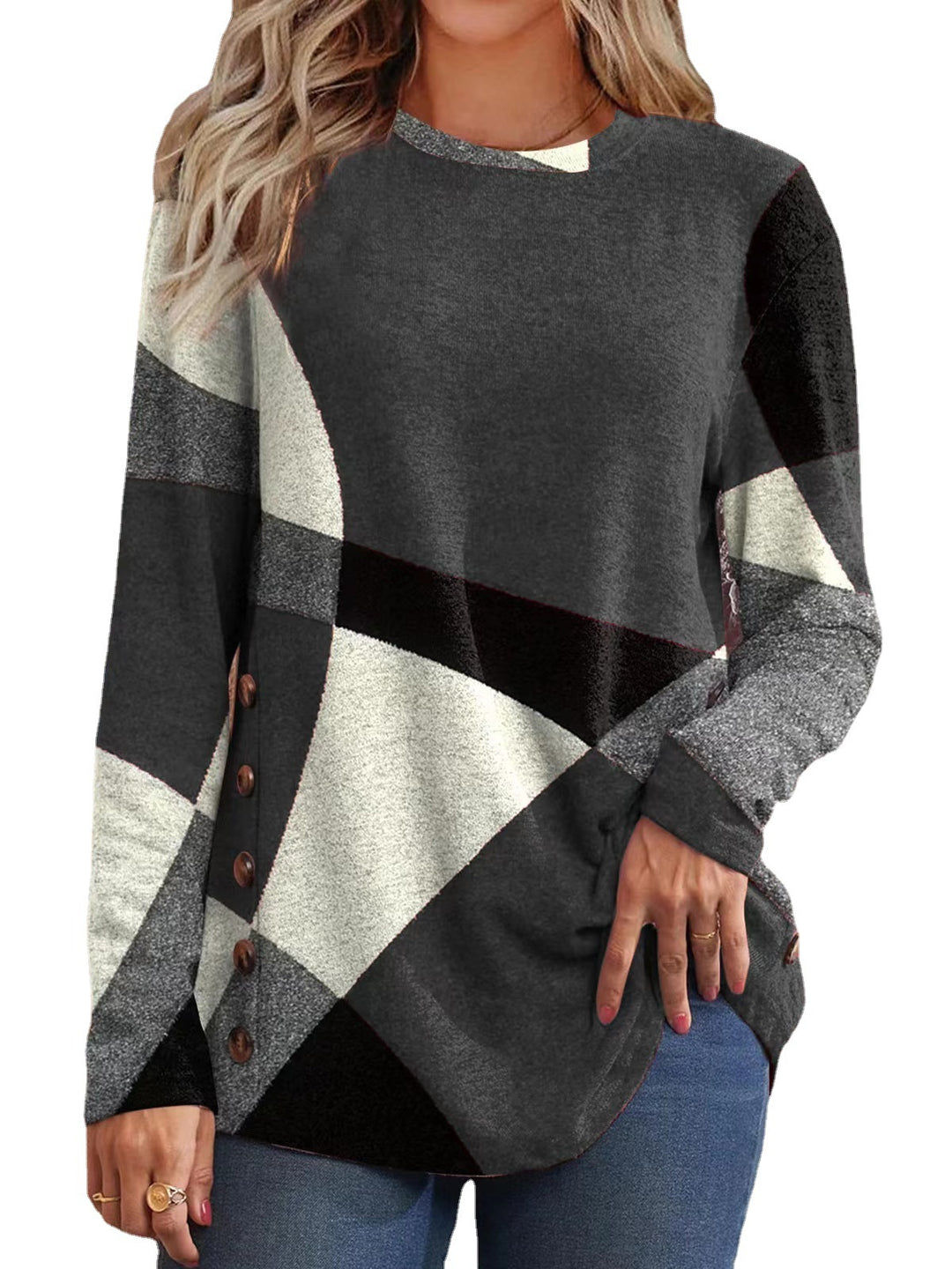 Damen Feinstrickpullover mit geometrischem Colorblock und Zierknöpfen Echo Archiv