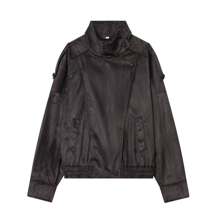 Damen Kurze Velours‑Optik Bomberjacke mit hohem Stehkragen und asymmetrischer Knopfleiste Echo Archiv