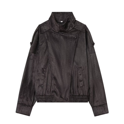 Damen Kurze Velours‑Optik Bomberjacke mit hohem Stehkragen und asymmetrischer Knopfleiste Echo Archiv