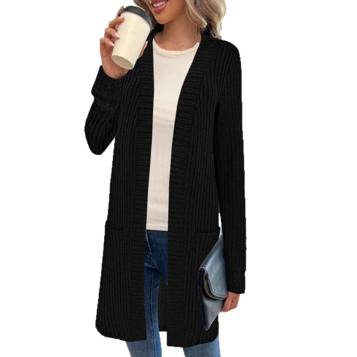 Damen Langer Feinstrick-Cardigan mit Rippenstruktur, offenen Kanten und Eingrifftaschen – Veloura