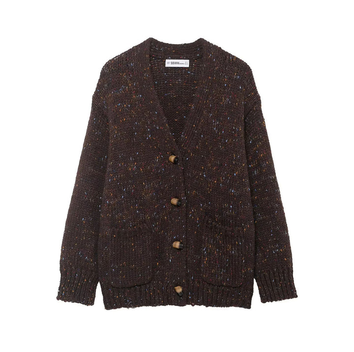Damen grobgestrickte Strickjacke mit Hornknopf‑Front und aufgesetzten Taschen – Veloura