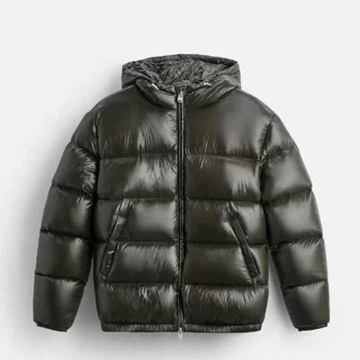 Damen Steppdaunenjacke mit Kapuze und Hochglanz-Oberfläche, Zwei-Wege-Reißverschluss und Kängurutaschen – Célinea