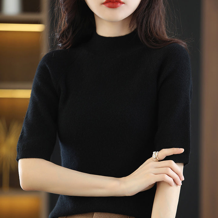 Damen Kurzarm-Feinstrickpullover mit Stehkragen und taillierter Passform Echoarchiv