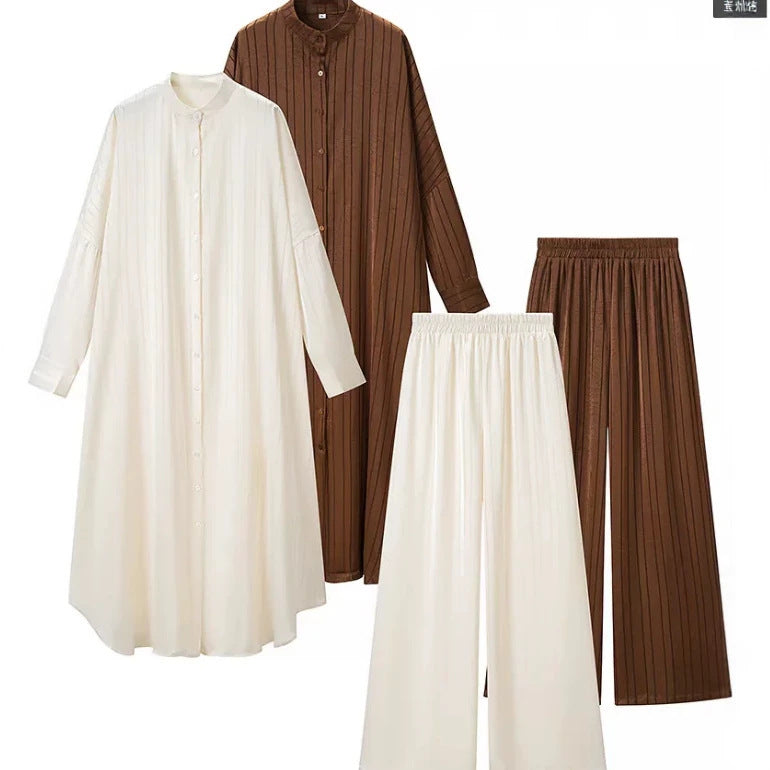 Damen Zweiteiliges fließendes Hemdblusen‑Maxikleid mit durchgehender Knopfleiste und passender elastischer Palazzo‑Hose Echo Archiv