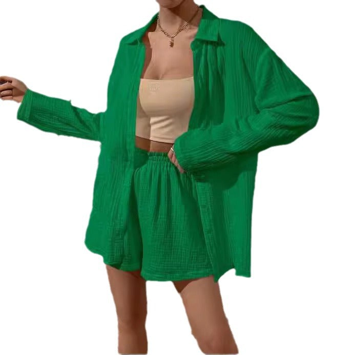 Damen nan luftig-leichter Zweiteiler Lounge-Set aus Baumwoll-Gauze mit Hemdbluse und elastischer Taillen-Shorts Echo Archiv