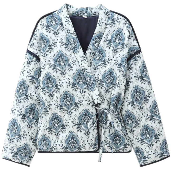 Damen gewattete Kimono-Jacke mit Taillengürtel und ornamentalem Print Echo Archiv
